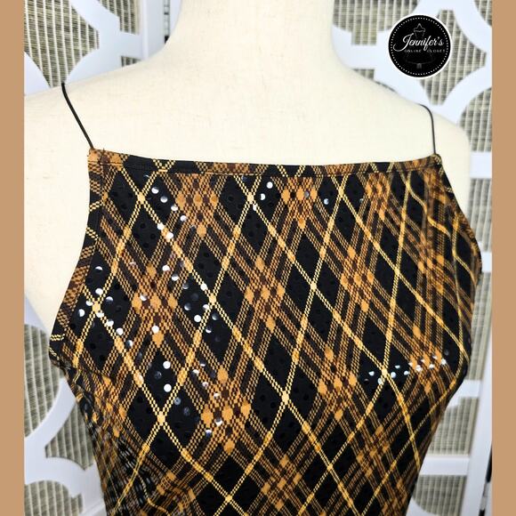 Express NWT Black/Gold/Brown Argyle Sequin Shimmer Tank Top Size Medium - Picture 3 of 13